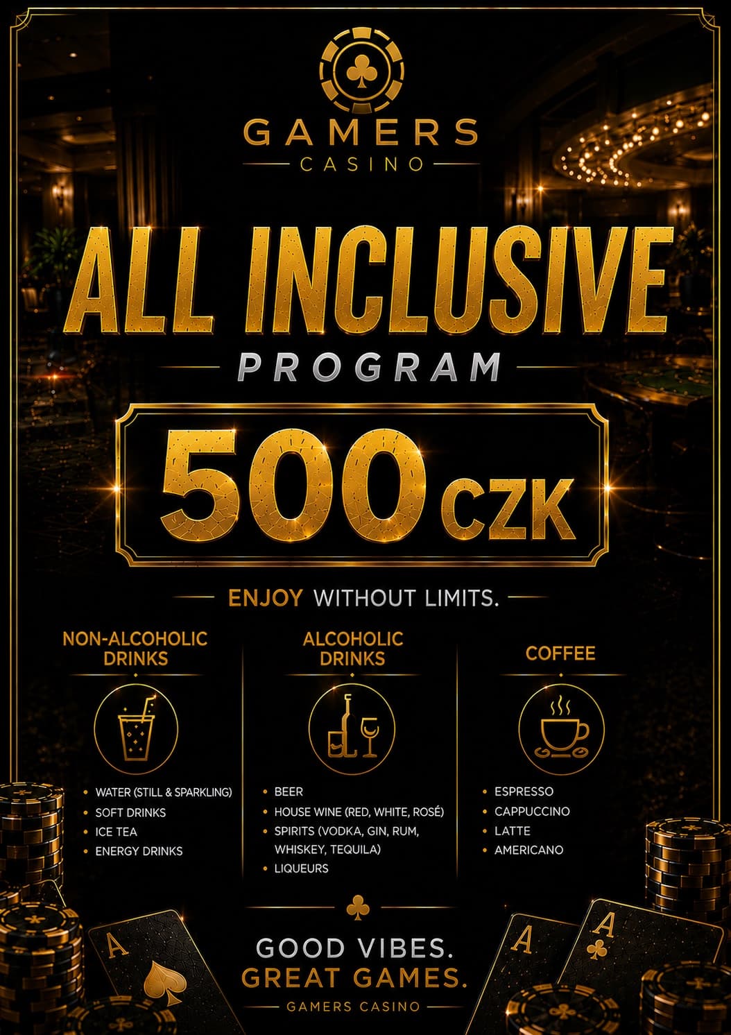 All Inclusive program poster at Gamers Casino Prague for 500 CZK — unlimited bar consumption: soft drinks, beer, wine, spirits and coffee